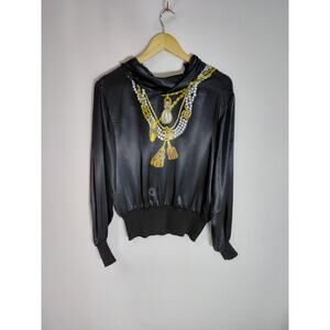 Vintage CASTLEBERRY Made in USA Polyester Top Black Print Knit -See Measurements